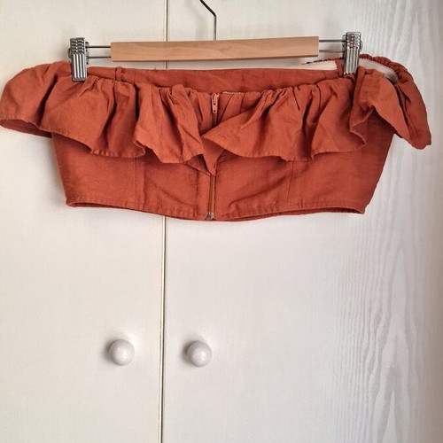 Mind Matter Strapless Crop Top with Ruffles Brick Red like new, size Medium