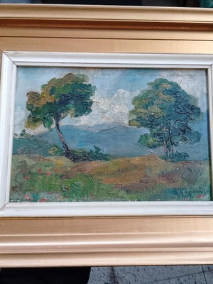 Athina Tarsouli painting Pine Trees at Pikermi used, oil on cardboard