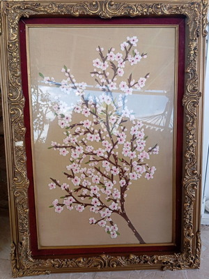 Χειροποίητο κεντητό κάδρο αμυγδαλιά σε χρυσή κορνίζα σαν καινούργιο