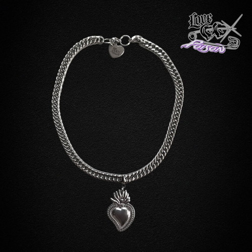 Love X Poison stainless steel choker necklace with flaming sacred heart pendant