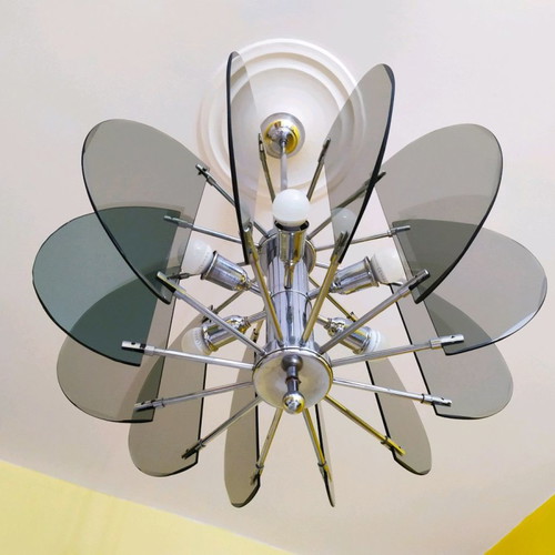 Inox ceiling chandeliers with glass, 6 lights, used
