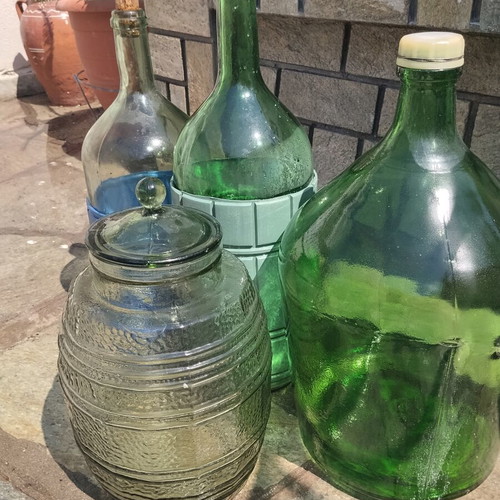 Vintage glass demijohns and storage jar set used, 4 pieces