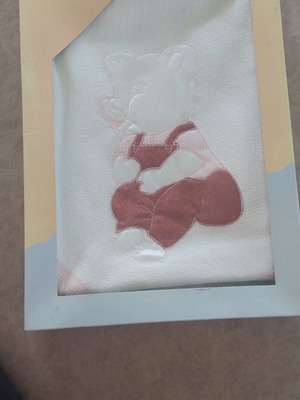 Baby blanket pink new with embroidered piglet and lace