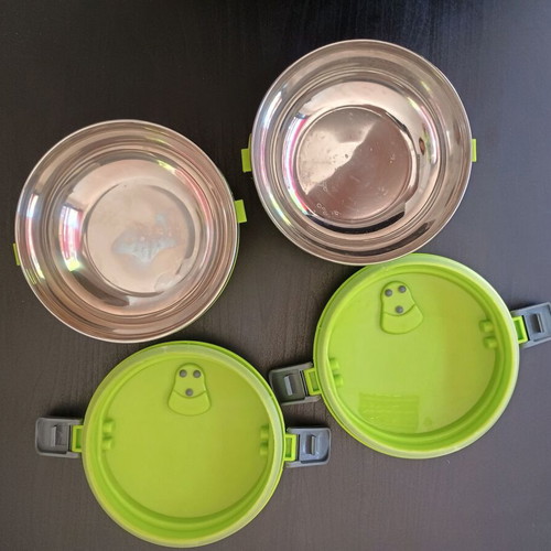 Taper bowl set used, metal and plastic with lids, 2 pieces