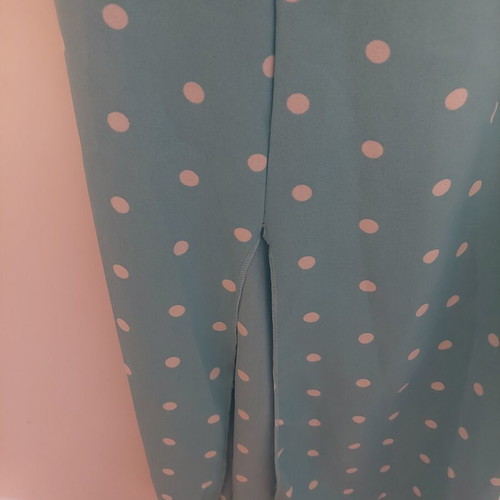 Light blue polka dot dress with crisscross back and side slits