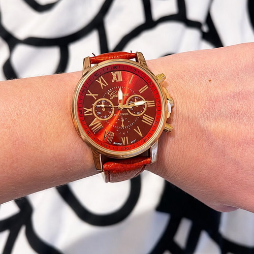 Unisex wristwatch new with red synthetic leather strap