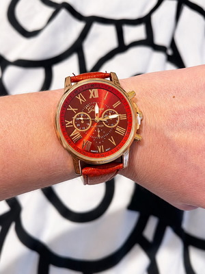 Unisex wristwatch new with red synthetic leather strap