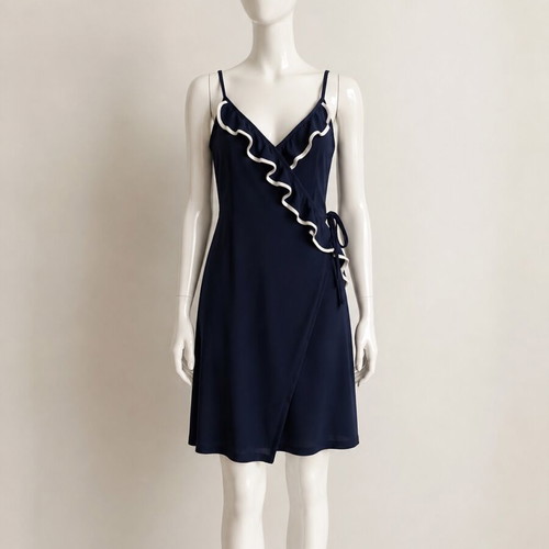 Morgan de Toi Navy Blue Wrap Midi Dress with Ruffle and Contrast Trim like new