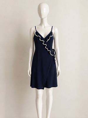 Morgan de Toi Navy Blue Wrap Midi Dress with Ruffle and Contrast Trim like new