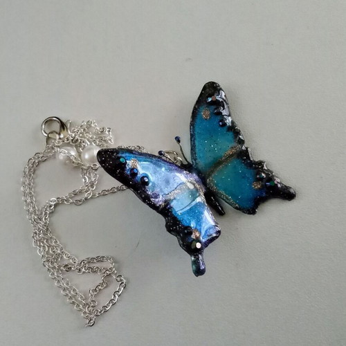 Handmade butterfly necklace new, blue shades, 45 cm chain