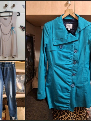 Set of trench coat, jeans and top medium like new, turquoise and beige