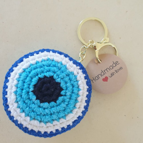 Charm keychain blue eye with turquoise crochet handmade, new