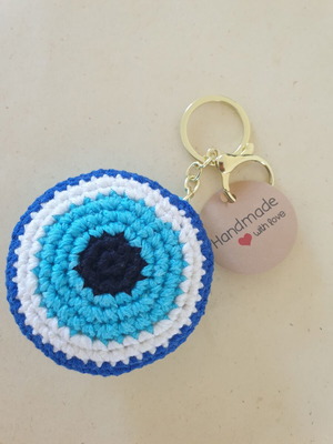 Charm keychain blue eye with turquoise crochet handmade, new