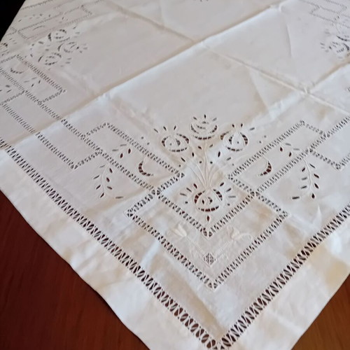 Handmade white large cutwork tablecloth 1x1 French linen