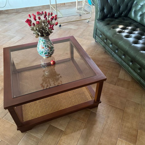 Classic coffee table rectangular 80x80x44cm like new, walnut or beech with glass