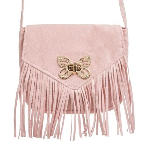 Children's pink suede bag with butterfly and fringes, new