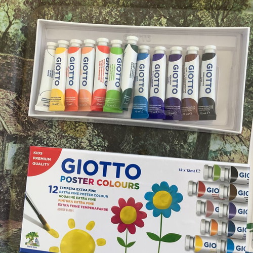 Giotto tempera paints colorful sealed with brushes new