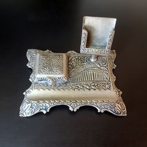 Vintage metal desk set with inkwell and embossed Parthenon used