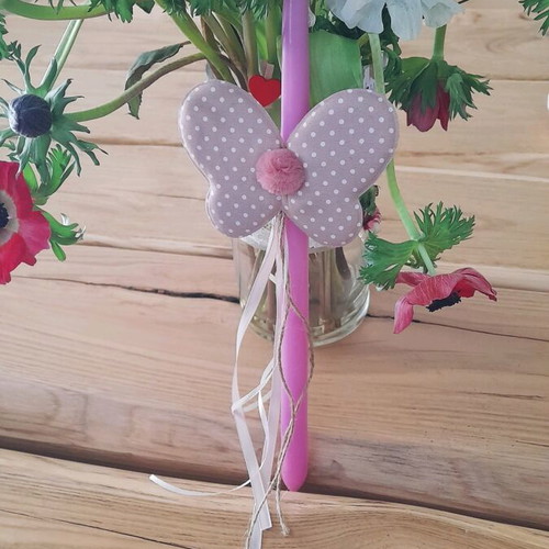 Pink Easter candle new with butterfly and decorative cushion