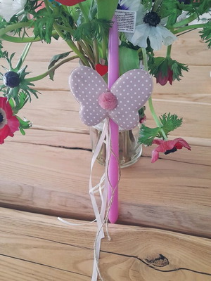 Pink Easter candle new with butterfly and decorative cushion