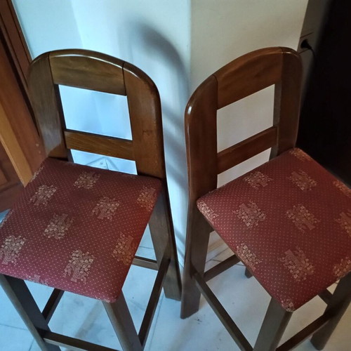 Wooden bar stools pair with backrest, like new, burgundy fabric
