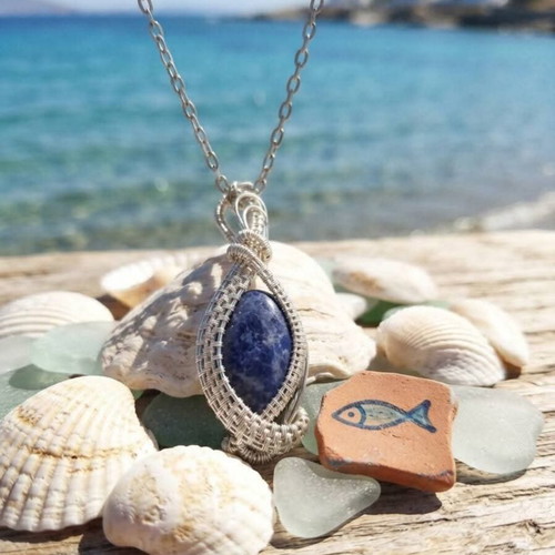Handmade wire pendant with semiprecious blue stone, new