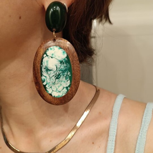 Statement earrings with wood and turquoise resin