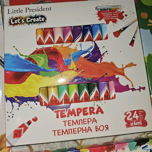 Art supplies like new with tempera, watercolors, plaster, brushes, and color papers