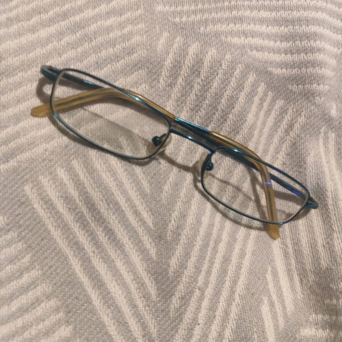 Blue eyeglasses used with nose pads for frame reuse