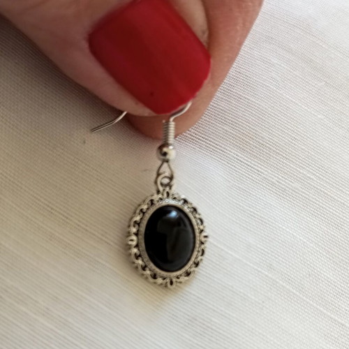 Gothic Victorian Oval Earrings with Black Silver Design New