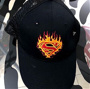 SUPERMAN BLACK with S SHIELD ON FIRE TRUCKER BASEBALL CAP HAT NEW with TAG
