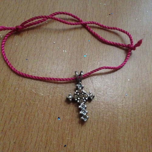 Handmade bracelet with cross used, pink and silver