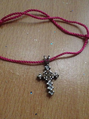 Handmade bracelet with cross used, pink and silver
