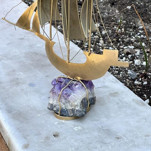 Vintage brass sailing ship on natural amethyst, 37×32 cm