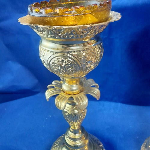 Set of gilded altar candles new for holy table