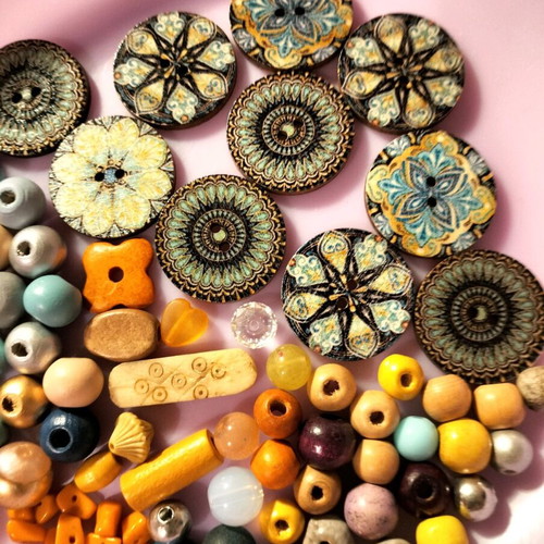 Decorative beads and buttons used, wooden