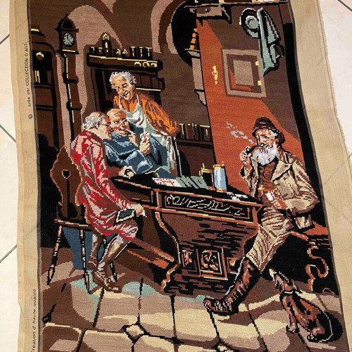 Handmade embroidery scene in tavern with card players like new