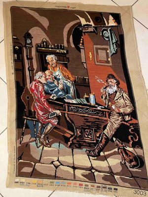 Handmade embroidery scene in tavern with card players like new