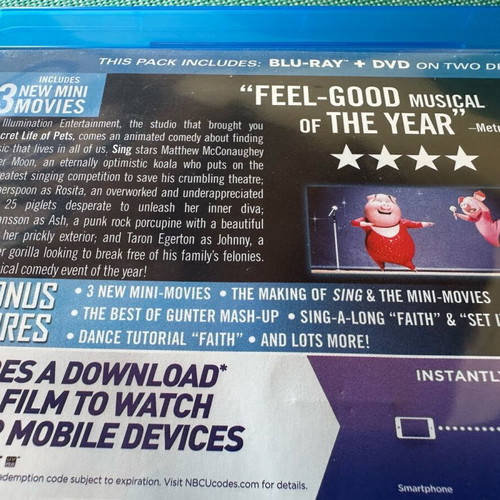 Sing Blu-Ray and DVD 2016 animated film like new