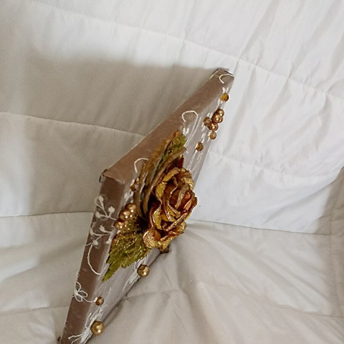 Handmade canvas wall art with flower, gold-beige-brown-orange-green shades
