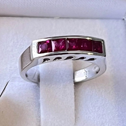 18K White Gold Half Band Ring with Princess Cut Rubies like new