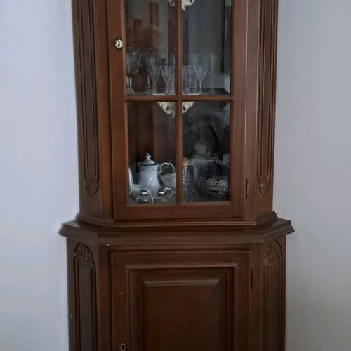 Corner showcase used, dark walnut wood