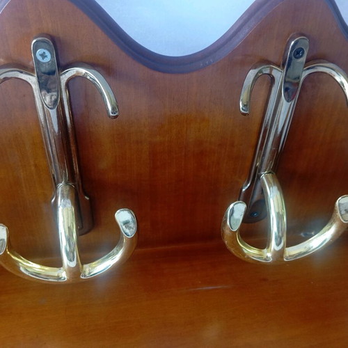 Wooden wall hanger used with shelf and 4 double hooks