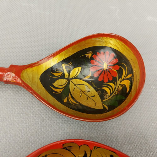Old Hand-Painted Set of Two Russian Khokhloma Wooden Spoons Used