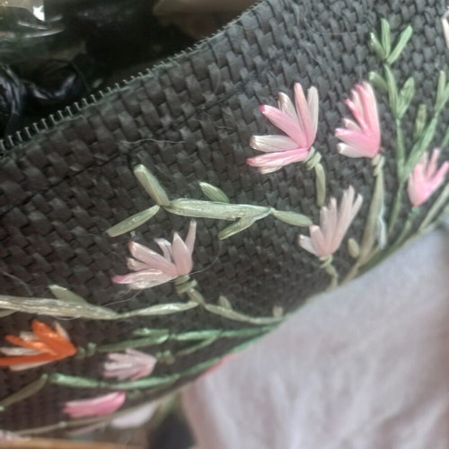 Black Straw Shoulder Bag Excess with Floral Embroidery new