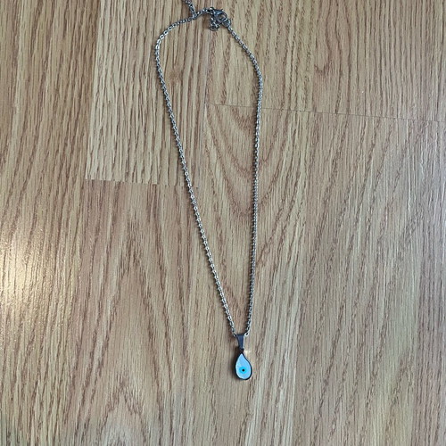 Silver necklace with blue evil eye teardrop pendant like new