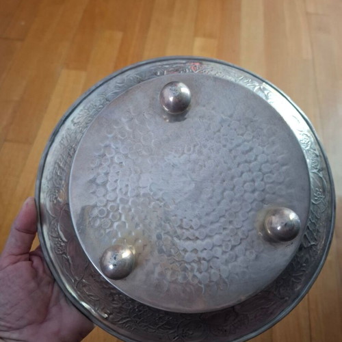 Decorative Metal Vintage Fruit Bowl with Embossed Fruits and Hammered Texture