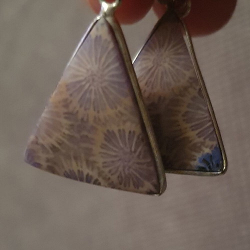 Triangular fossil coral earrings silver handmade