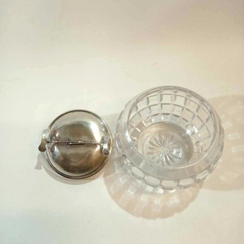 Antique English handmade sugar bowl from 1920s with silver-plated lid and tongs