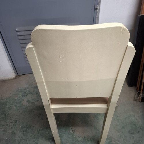 Set of 5 restored chairs in ecru color with new beige faux leather cushions